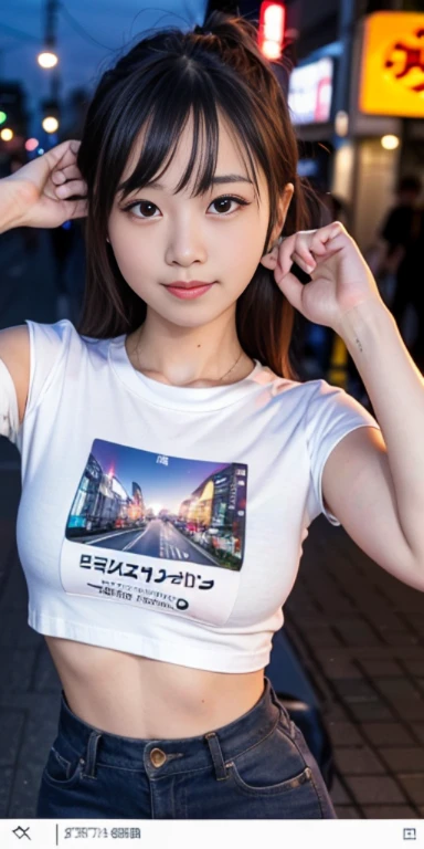 1 girl, tokyo street, night, cityscape, city lights, Upper body, close, smile, T-shirt, (8K, RAW photo, highest quality, masterpiece: 1.2), (genuine, photogenuine: 1.37),