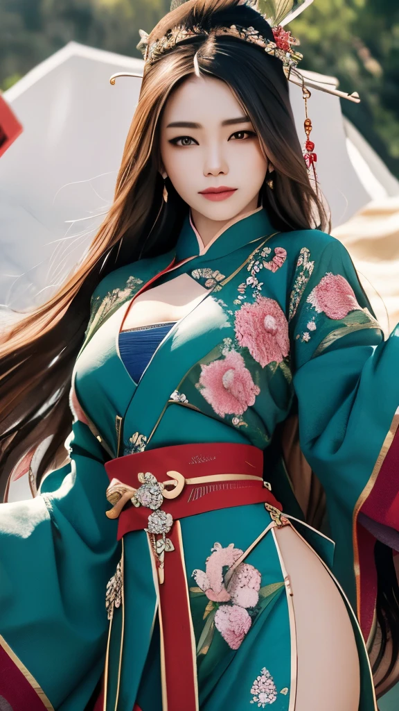 best quality, masterpiece, ultra high resolution, lifelike, (Panorama:1.5), (1 girl),(long hair),(hair accessories:1.4),There is an ancient palace next to the girl,Chinese Hanfu clothes,Black stockings sharp focus, Good shape, whole body，Random pose reference, Single eyelid eyes, high nose bridge、Pointed nose, V-shaped face, pale skin, Smile, Bokeh