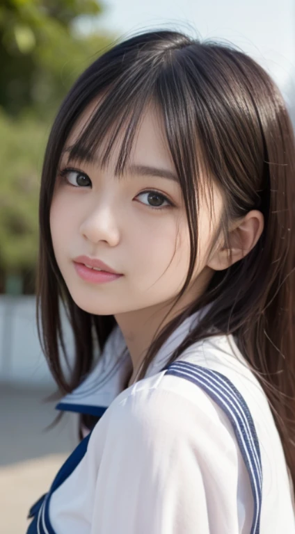 NSFW, 8K RAW photo, ((sailor suit))highest quality, masterpiece,cute face、dual、 laughter、cute face、Super high resolution, movieグレイン, movie, 1 girl, looking at the viewer, natural skin texture, Realistic eye and face details, perfect teeth alignment、Perfect eyes and perfect mouth、 bangs, 別れたlips, lips,