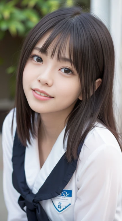 NSFW, 8K RAW photo, ((sailor suit))highest quality, masterpiece,cute face、dual、 laughter、cute face、Super high resolution, movieグレイン, movie, 1 girl, looking at the viewer, natural skin texture, Realistic eye and face details, perfect teeth alignment、Perfect eyes and perfect mouth、 bangs, 別れたlips, lips,