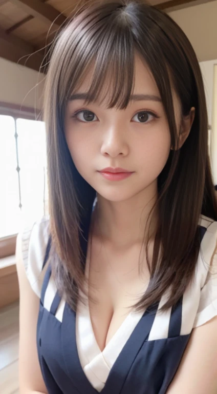 NSFW, 8K RAW photo, ((sailor suit))highest quality, masterpiece,cute face、dual、 laughter、cute face、Super high resolution, movieグレイン, movie, 1 girl, looking at the viewer, natural skin texture, Realistic eye and face details, perfect teeth alignment、Perfect eyes and perfect mouth、 bangs, 別れたlips, lips,