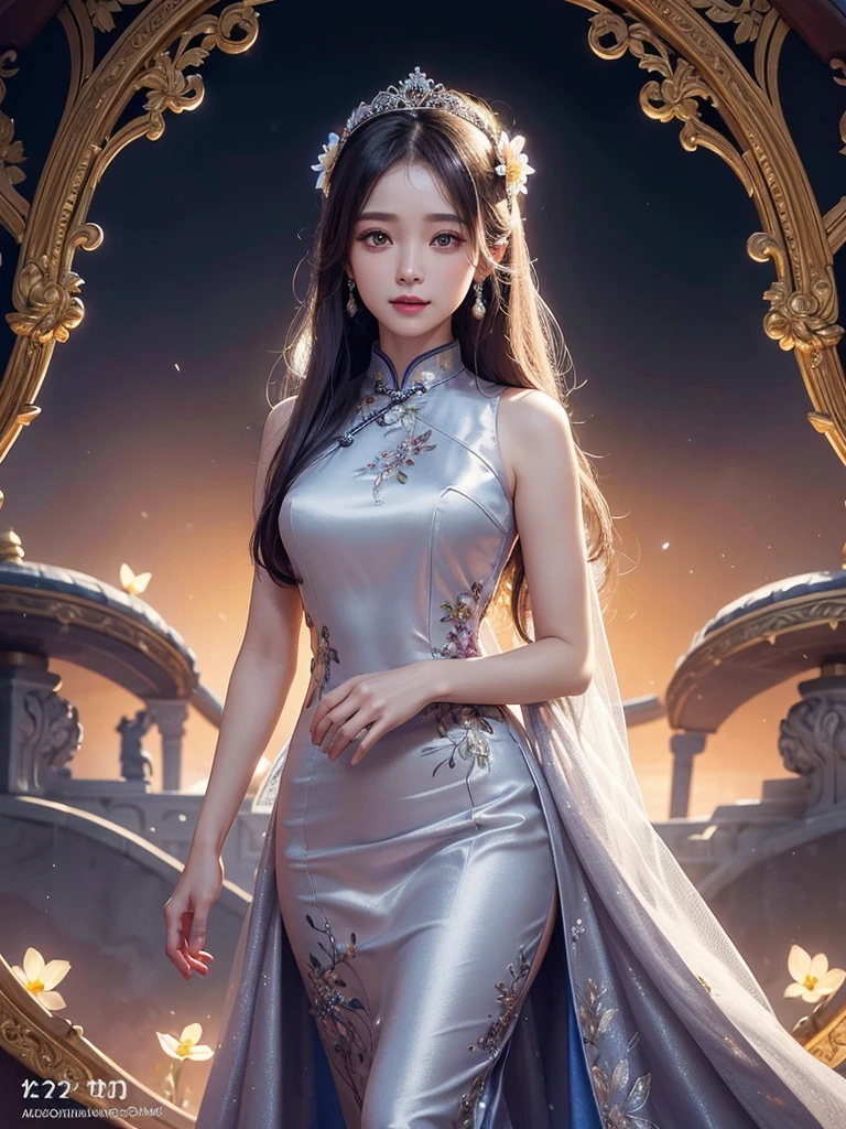 intricate detail, masterpiece, best quality, extremly detailed,cinematic lighting, beautiful detailed glow, finely detailed beautiful face and eyes, smile , long smooth shiny silky silver hair, Realistic lighting, pretty face , Body perfect anatomy,Top Quality, 12K Resolution, top resolution, full body , High quality, realistic , Cinematic, Aesthetic, beautiful girl , cheongsam dress , symmetrical face , flower background, wearing a bejewelled tiara , long colorful silk dress 