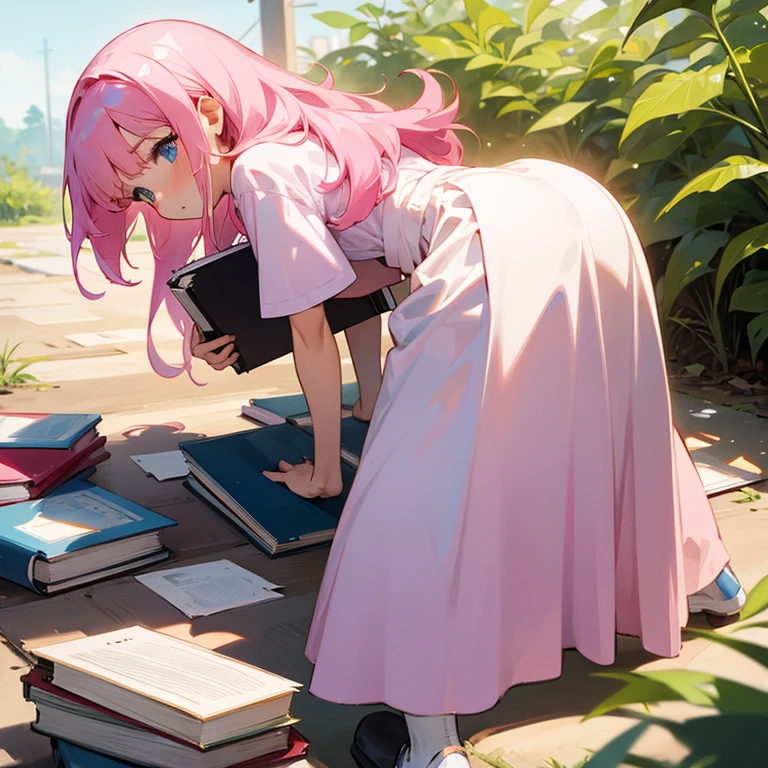 Pink-haired girl,White long skirt,bend over,Have a book in hand