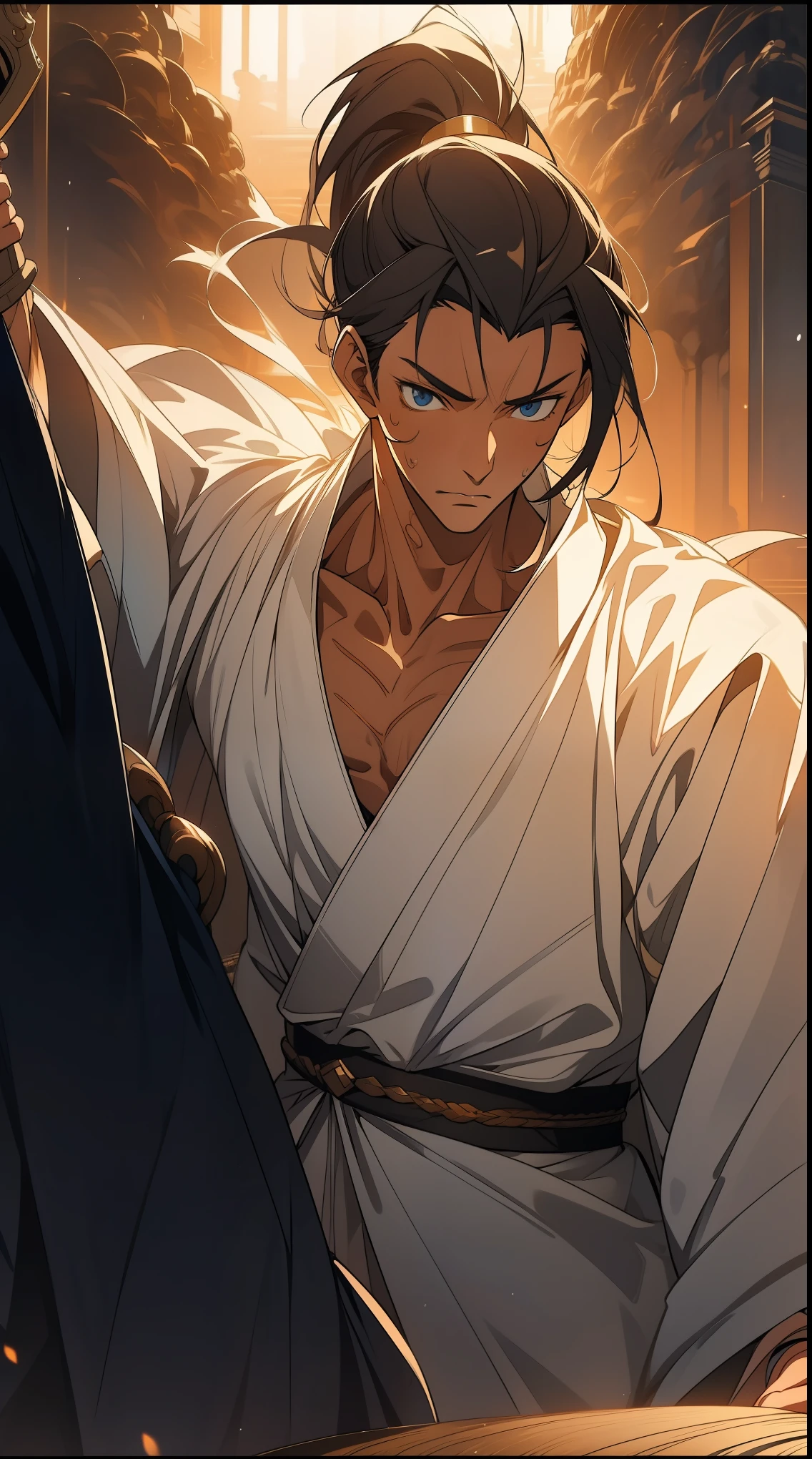 Two dimensions，anime style，one person（male warrior），proportions are correct，facial details，swordsman，high ponytail hairstyle，neck detail，Have an Adam&#39;s apple，White robe，joke，white robe，clothing details，transfer，long sleeves，Game quality，fencing，Ray tracing，Ray tracing，Detailed glow，CG rendering，hair details，long black hair，blue eyes，Handsome，Handsome，（Youthful feeling），Clothing is complicated，Perfect composition，refine，high quality，higher details，many details，Complex background，a sense of atmosphere，