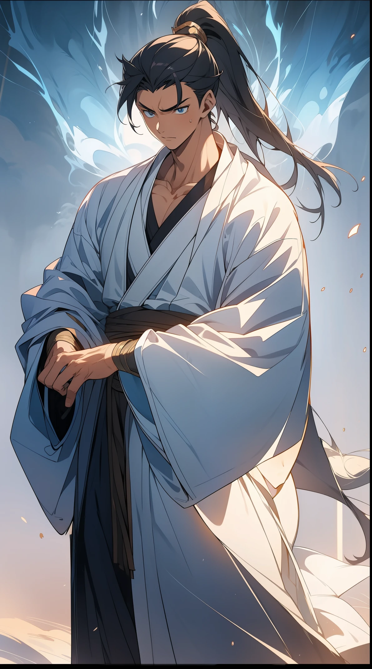 Two dimensions，anime style，one person（male warrior），proportions are correct，facial details，swordsman，high ponytail hairstyle，neck detail，Have an Adam&#39;s apple，White robe，joke，white robe，clothing details，transfer，long sleeves，Game quality，fencing，Ray tracing，Ray tracing，Detailed glow，CG rendering，hair details，long black hair，blue eyes，Handsome，Handsome，（Youthful feeling），Clothing is complicated，Perfect composition，refine，high quality，higher details，many details，Complex background，a sense of atmosphere，