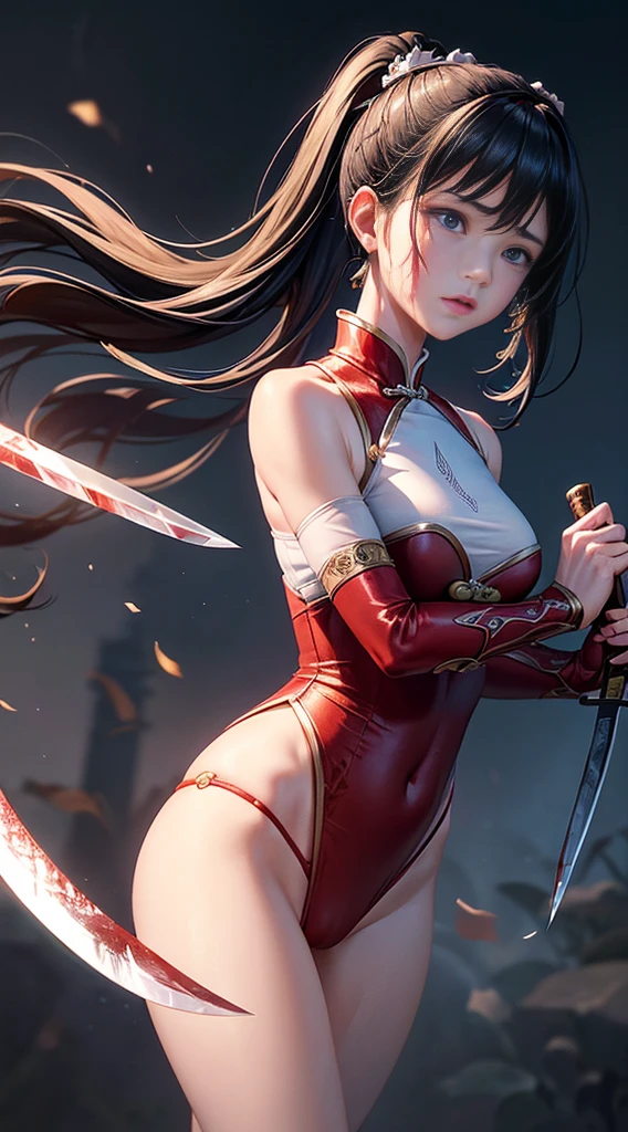 A professional portrait photo，masterpiece，top Quority，A Chinese female knight，18 years old，Black high ponytail short hair、Exquisite baby fat face，The skin is delicate and white，(((( There are knife wounds on the body，Tears and lots of blood))))，Plump and slightly fat，Cocked buttocks，（The protagonist holds a long knife），(((( Deep groove in crotch))))，(( Wearing red Tang Dynasty Mingguang armor))，At Longmen Inn，4K，art station，Surrealism，complex细节，powerful，edge lighting，Diffraction grading，RTX，AI facial depiction，AI texture，Highly realistic photos，high definition，Uncensored，Super Analysis，Surrealism，concept art，grace，Highly detailed，complex，clear focus，Suitable depth of field，f/1.8，85mm，medium shot，medium shot拍摄，(((Professionally graded))),Bright, soft scattered light，(volumetric fog)，(( Delicate facial depiction))，