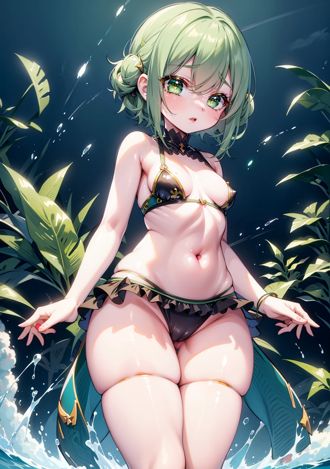 alien girl, green skin, freckles, big round eyes, wide hips, OPPAI , wearing micro string.