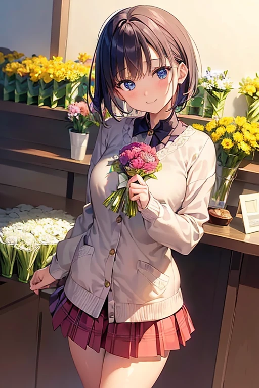 stare intently、masterpiece、highest quality、 ((flower shop background)、(Flower shop clerk))、has vermilion bangs、short hair、25 year old woman with slightly blue eyes.、Wearing a super short skirt、blush、smile、Alone、pose of temptation、Cafe Owner, long cardigan, Lace skirt, holding a colored bouquet