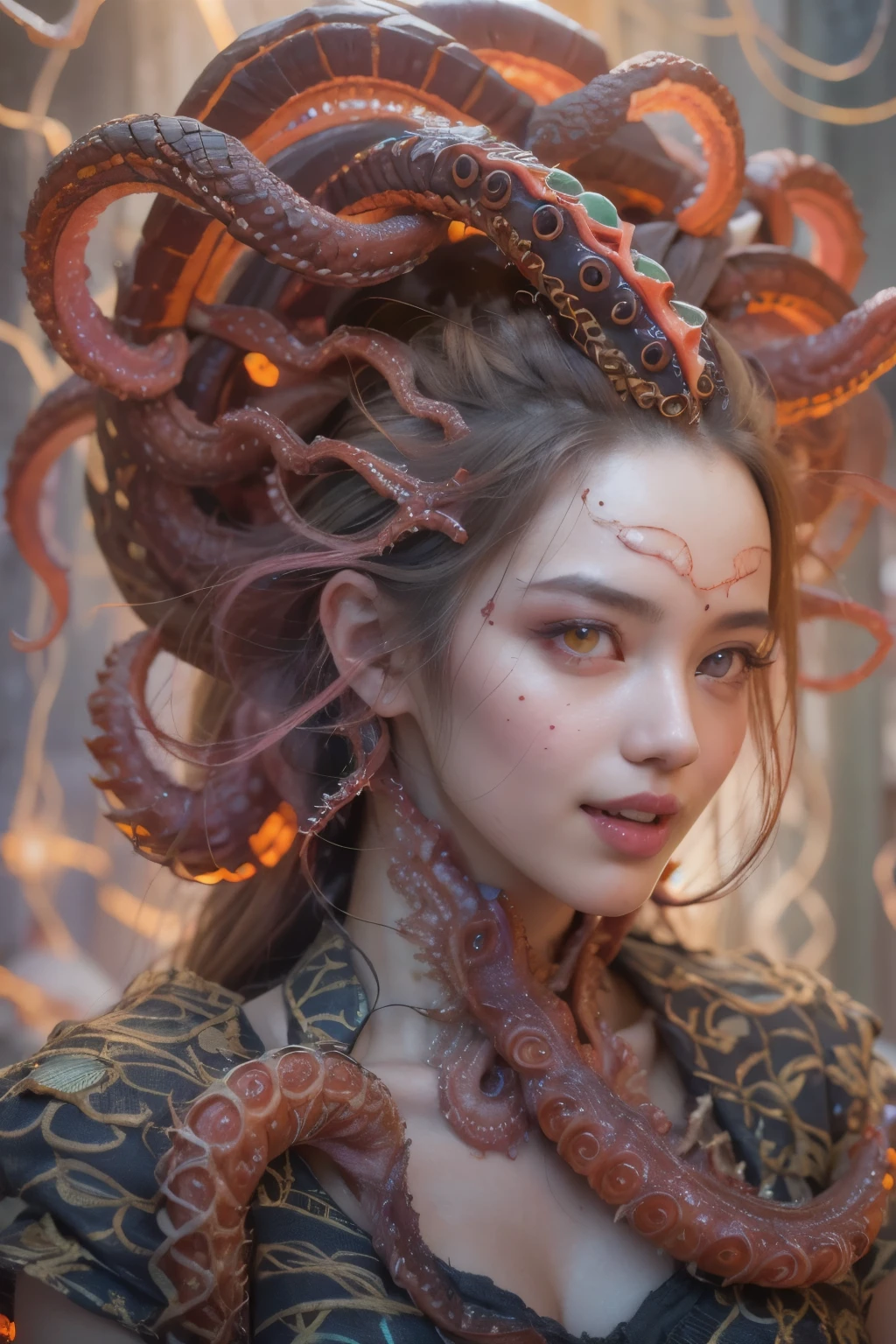 (high resolution,masterpiece,best quality,extremely detailed CG, anime, official art:1.4), realistic, photo, amazing fine details, all intricate, gloss and shiny,awesome many layers, 8k wall paper, 3d, sketch, kawaii, illustration,( solo:1.4), perfect female proportion,villainess, (fusion of octopus and lady:1.4), (octopus form lady:1.2), (octopus lady:1.2), (fusion:1.2), (solo:1.4), (evil smile:1.2), muscular, abs, (octopus exoskeleton bio insect suit:1.4), (octopus red exoskeleton bio insect armor:1.2), (red octopus antennae:1.3),Tentacles