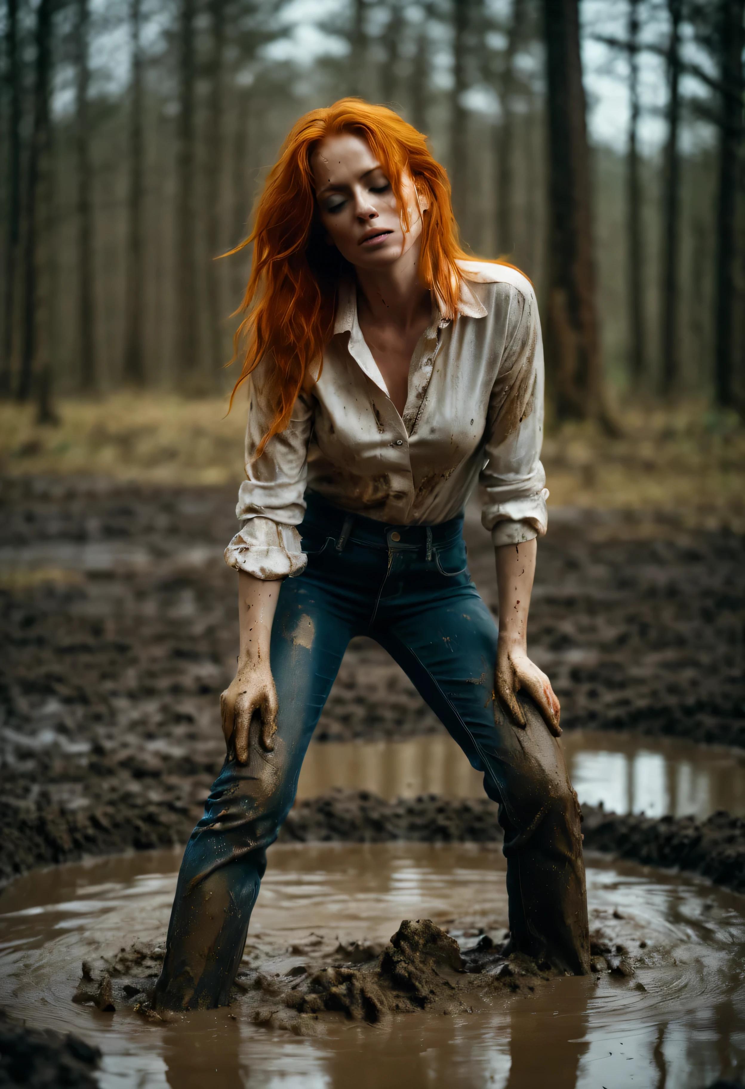 photograph of orange-haired hot woman in jeans and blouse, indulging in shameful fetish with desperation and ecstasy,standing in mud bath, full body, stoic cinematic 4k epic detailed 4k epic detailed photograph shot on kodak detailed bokeh cinematic hbo dark moody, detailed face, natural skin texture, public sexual self-pleasure, forest