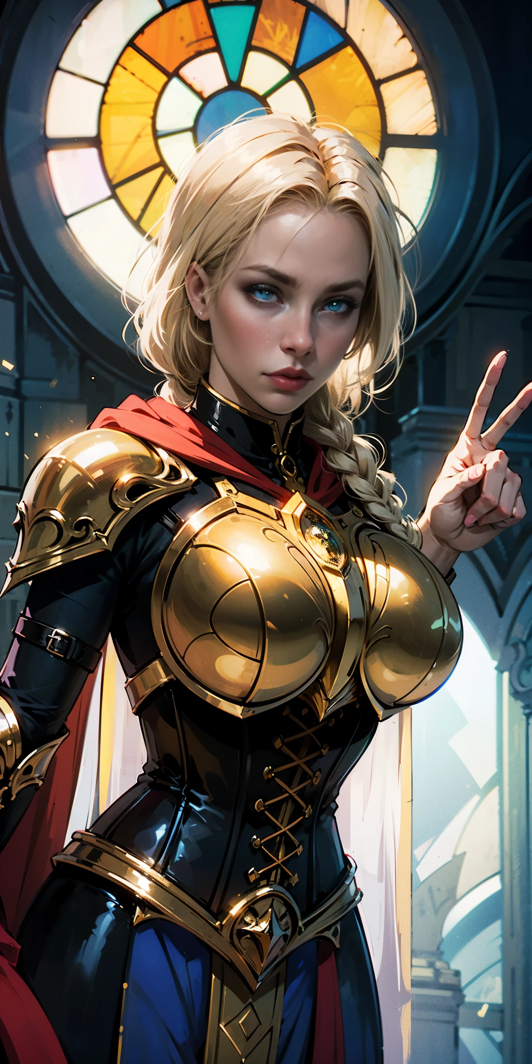 upper body of paladin lady in ornate golden armor, black collar, pauldrons, breastplate, corset, glowing halo, single braid, blonde, yellow glowing eyes, bright pupils, eye focus, red cape, temple indoors, stained glass windows, night, moonlight, particles, light beam, chromatic aberration, left hand on hips, right hands peace sign, 
