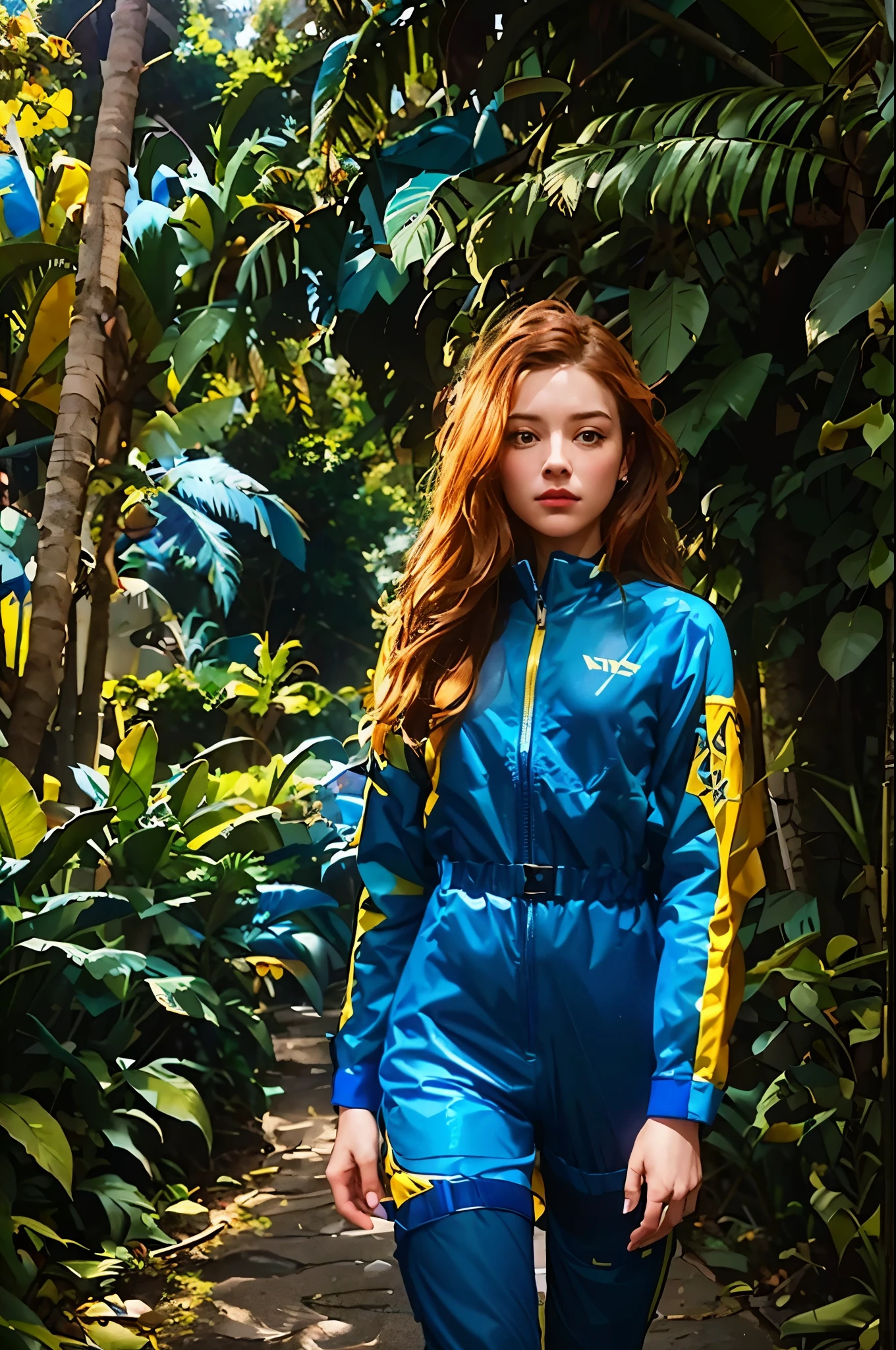 there is a woman in a blue and yellow suit walking down a path, sadie sink, wearing a track suit, in flight suit, with teal clothes, flight suit, chappie in an adidas track suit, wearing flight suit, wearing a tracksuit, teal suit, wearing human air force jumpsuit, ellie bamber fairy, wearing atompunk jumpsuit, in a jungle