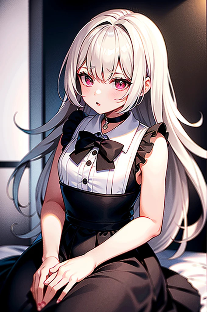 highest quality, ultra high resolution, 1 girl, sleeveless white button shirt, black skirt, black choker, cute, (K-POP idol), (charming monkey:1), (platinum blonde hair:1), ((puffy eyes)), looking at the viewer, whole body, facing the front