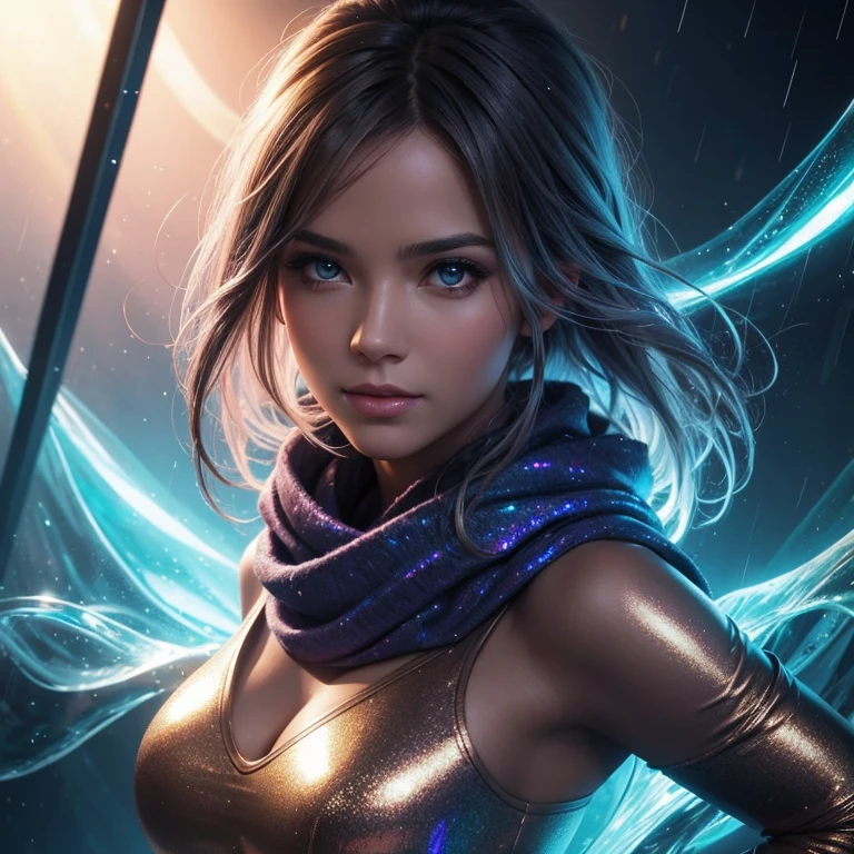 a woman wearing a scarf crisp, defined, HQ, detailed, HD, dynamic light, dynamic action pose, close-up digitally painted portrait by Loish & Cary Morton & Charlie Bowater & Artgerm, futuristic, soft warm colors, Danish, one woman in a rainy lagoon, science fiction, biomechanics, body, geometric, holographic, luminous fiber optics, LEDs, sparkles, glitter, holographic, metallic, sequins, ethereal atmosphere,