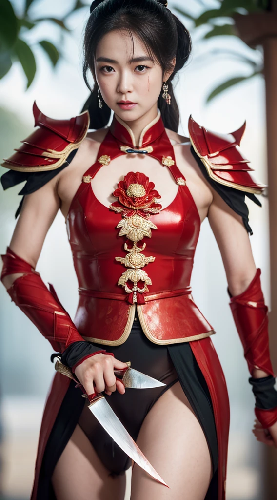 A professional portrait photo,masterpiece,top Quority,A Chinese female knight,18 years old,Black high ponytail short hair、Exquisite fat face,The skin is delicate and white,(((( There are knife wounds on the body,Tears and lots of blood)))),Plump and slightly fat,Cocked buttocks,(The protagonist holds a long knife),(((( Deep groove in crotch)))),(( Wearing red Tang Dynasty Mingguang armor)),At Longmen Inn,4K,art station,Surrealism,complex细节,powerful,edge lighting,Diffraction grading,RTX,AI facial depiction,AI texture,Highly realistic photos,high definition,Uncensored,Super Analysis,Surrealism,concept art,grace,Highly detailed,complex,clear focus,Suitable depth of field,f/1.8,85mm,medium shot,medium shot拍摄,(((Professionally graded))),Bright, soft scattered light,(volumetric fog),(( Delicate facial depiction)),