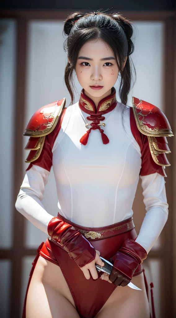 A professional portrait photo,masterpiece,top Quority,A Chinese female knight,18 years old,Black high ponytail short hair、Exquisite fat face,The skin is delicate and white,(((( There are knife wounds on the body,Tears and lots of blood)))),Plump and slightly fat,Cocked buttocks,(The protagonist holds a long knife),(((( Deep groove in crotch)))),(( Wearing red Tang Dynasty Mingguang armor)),At Longmen Inn,4K,art station,Surrealism,complex细节,powerful,edge lighting,Diffraction grading,RTX,AI facial depiction,AI texture,Highly realistic photos,high definition,Uncensored,Super Analysis,Surrealism,concept art,grace,Highly detailed,complex,clear focus,Suitable depth of field,f/1.8,85mm,medium shot,medium shot拍摄,(((Professionally graded))),Bright, soft scattered light,(volumetric fog),(( Delicate facial depiction)),