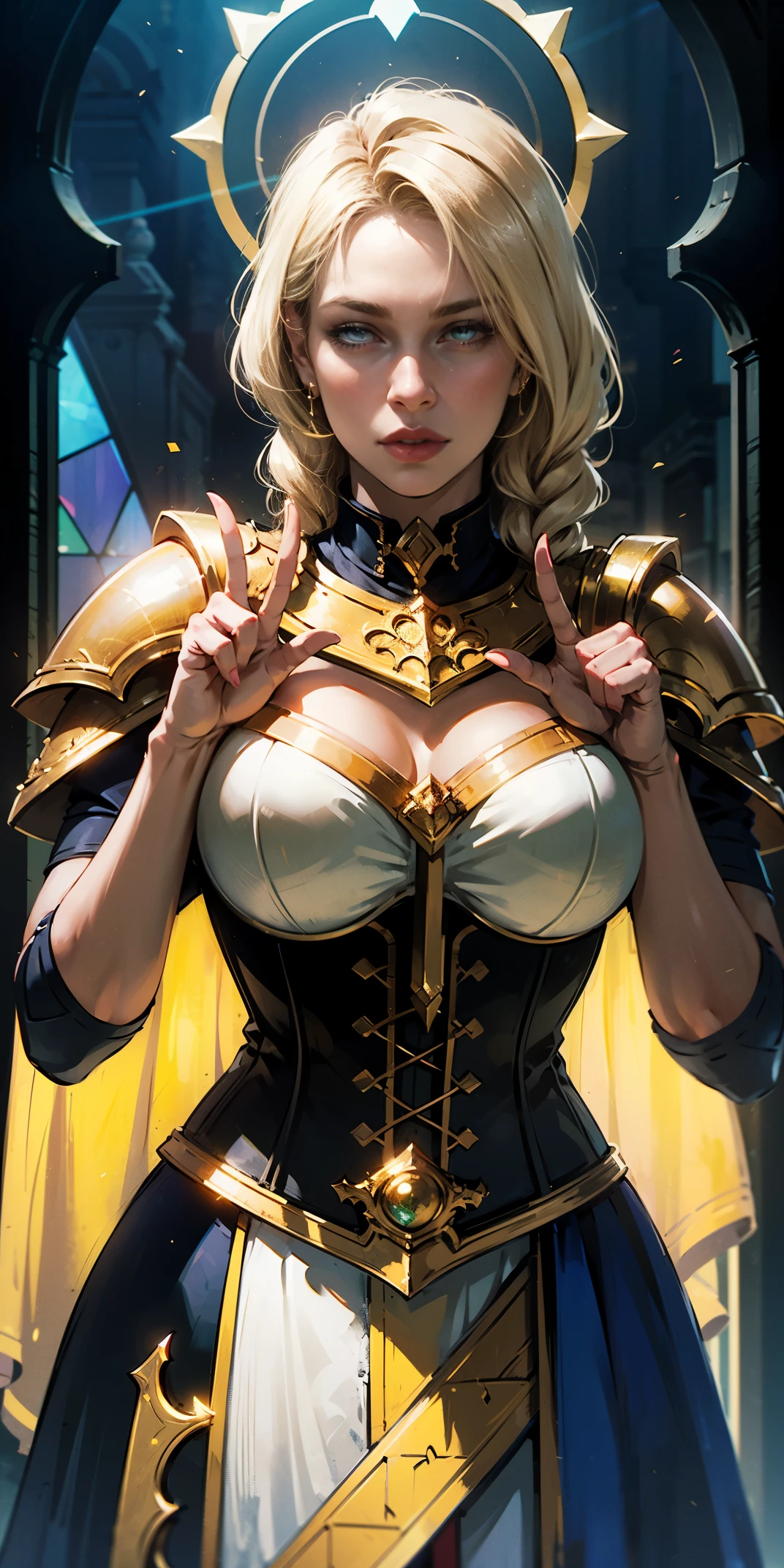 upper body of paladin lady in ornate golden armor, black collar, pauldrons, breastplate, corset, glowing halo, single braid, blonde, yellow glowing eyes, bright pupils, eye focus, red cape, temple indoors, stained glass windows, night, moonlight, particles, light beam, chromatic aberration, left hand on hips, right hands peace sign, 
