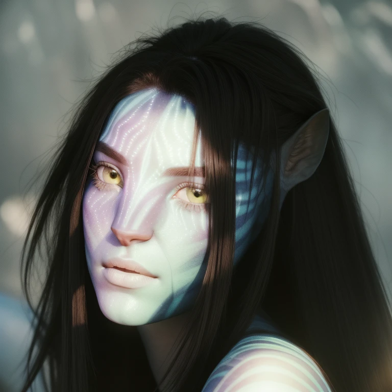 avtr:1.1, avatar style, portrait:1.6, 1girl, female, (blue skin tone:1.0), (long hair:1.0), dark brown hair color, 18 years old:1, face wrinkles, wearing tribal clothing, wearing a top, detailed eyes, toned body, muscled body, vibrant colors, glowing, ethereal atmosphere, surrealistic dreamy lighting, textured skin, otherworldly beauty, mesmerizing photography, (best quality, highres), vivid colors, ultrarealistic, skin details, striped skin, sfw, face close-up:0.5, ultradetailed body