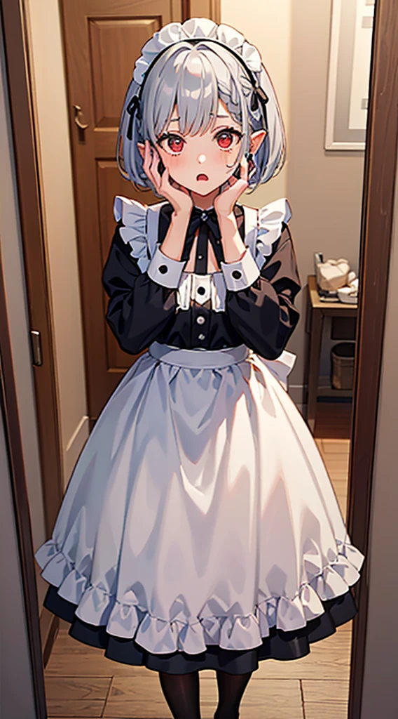((place your hands on your face)), ((surprised)), (red face), 1 girl, goblin, silver hair, red eyes, braid hair, bob cut, maid, maid clothes, tights, long skirt, movement, indoors, mirror, TS, concept art, beautiful anime scene, beautiful anime scenery, highest quality, masterpiece, 4K