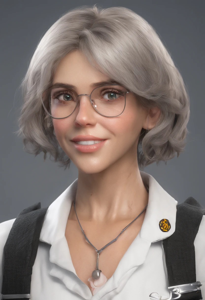 Virtual character design:heart doctor,Hypnotist,radio host,Miss,20 years old,white short hair,fluffy hair,Exquisite facial features,beautiful make up,Skin details,Smile。(((half-life image))).((Super realistic details)), illumination, light and shadow, octane rendering, 8k, super sharp,Metal,complicated, Accessory details,