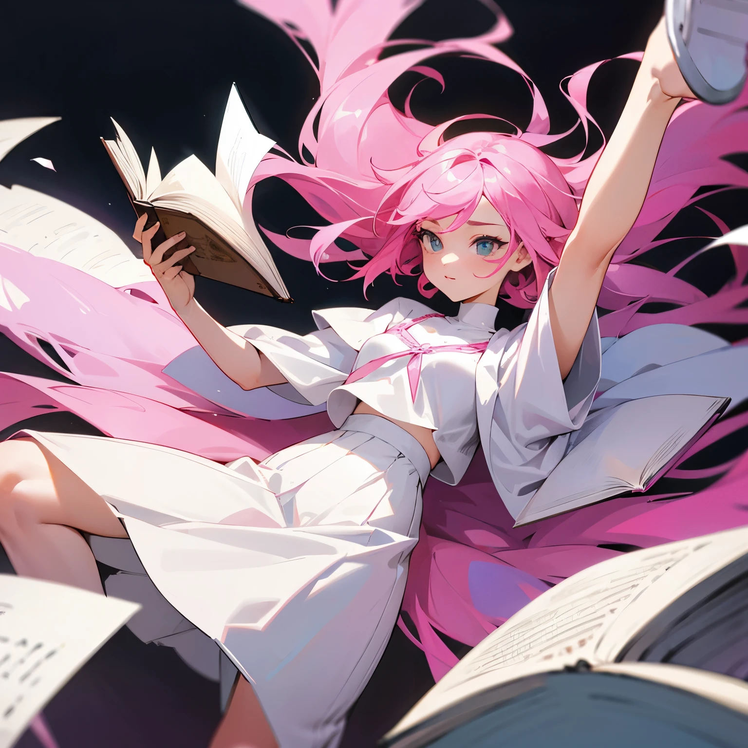 Pink-haired girl,White long skirt,a book in hand,spread legs