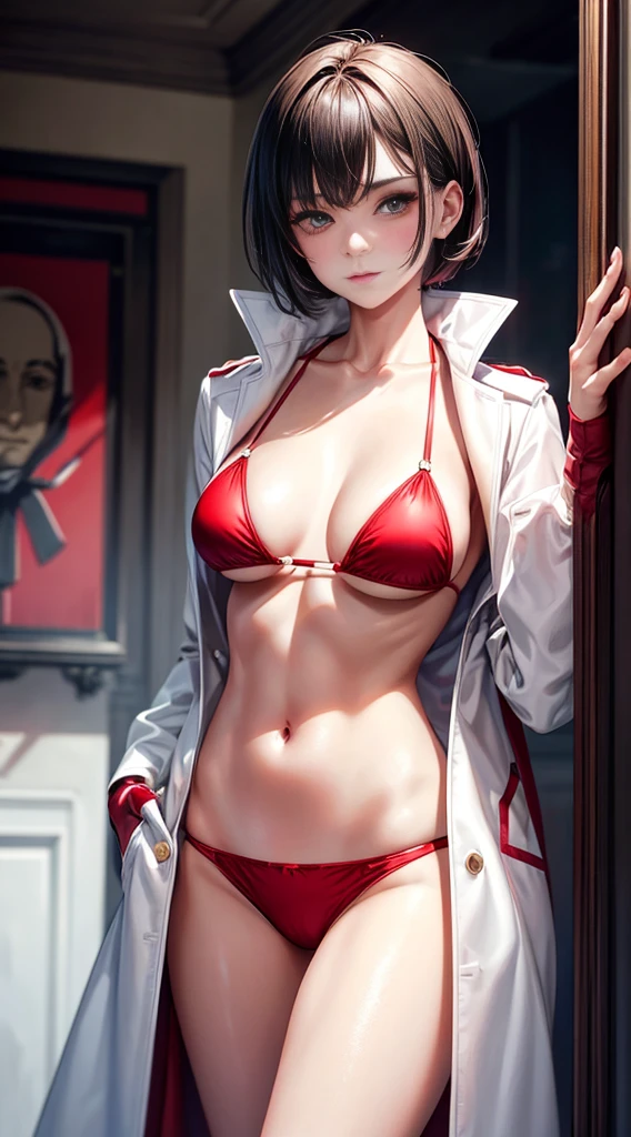 Absolutely beautiful，Buzz cut，，Handsome，girl，red pupils，White cape，bikini，coat，underwear，