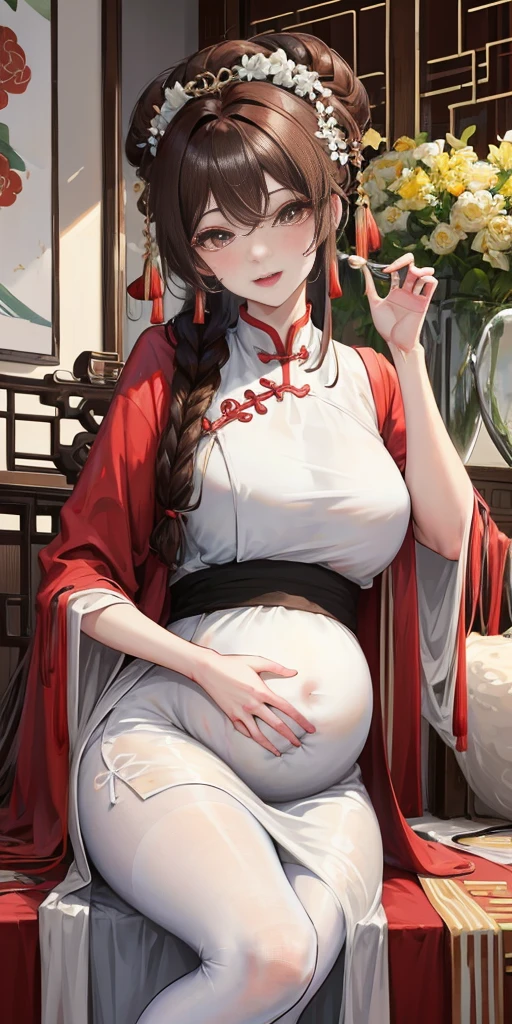 masterpiece, best quality, married woman,Pregnant, aldult, Chinese style, China, elder sister, Smile, brown hair, princess cut, Single fritter braid,white pantyhose,Full of motherhood,Chinese style婚礼服,pure,blush,Dignified yet lively,Mother,Put your hand on your belly,Full of motherhood,Sexy,charming,a thousand flavors