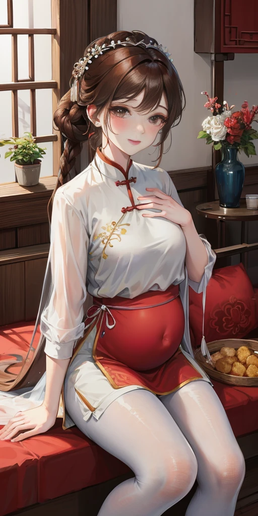 masterpiece, best quality, married woman，Pregnant， aldult, Chinese style, China, elder sister,  Smile, brown hair, princess cut, Single fritter braid，white pantyhose，Full of motherhood，Chinese style婚礼服，pure，blush，Dignified yet lively，Mother，Put your hand on your belly，Full of motherhood，Sexy，charming，a thousand flavors