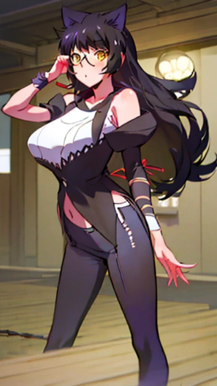 Tsubasa Hanekawa dressed as RWBY&#39;break、、Glasses、black hairの、big breasts、 (black hair, brown eyes, round face), big breasts, With ribbon, [full body shot]、wearing a black dog collar,full body shot、Glasses、head to toe shot、Compete for big breasts in the bright sunlight、I compressed my chest with a rope.、woman in chains、((masterpiece)), ((highest quality)), (Super detailed), ((cute)), cute, (Lovely), ((very detailed)), 4K, (8K), highest quality, (beautiful), anime style、pink nipples、