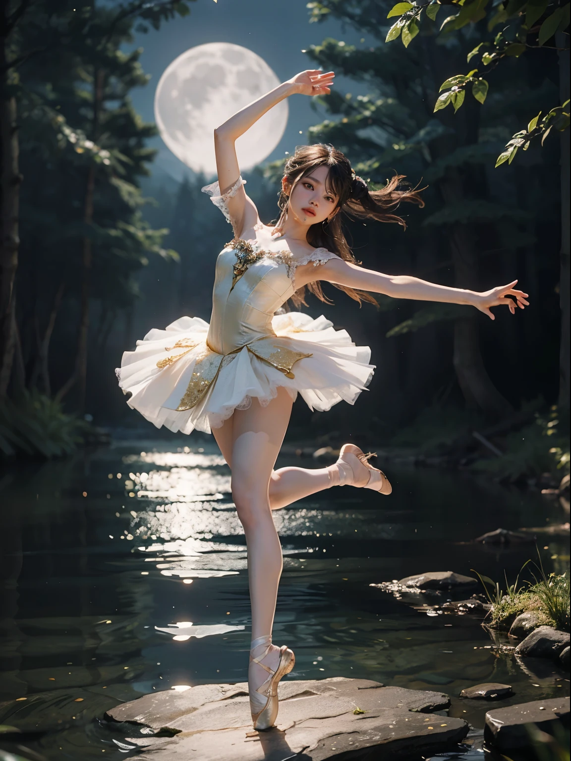 fantasy, high quality, 8K, realistic,photo realistic,RAW photo,photography,High resolution, ultra-definition, highest quality,Dramatic lighting, glitter effect, from below, midnight, moonlight, Lake in the deep forest、full body,break,
A prima donna girl gracefully dances ballet in the moonlight on a mysterious lake.、Arabesque、Lonely、1 girl、((luxurious and delicate white tutu)),semi-long hair,black hair,black eyes、beautiful feet、Ballet Pointe Shoes, 