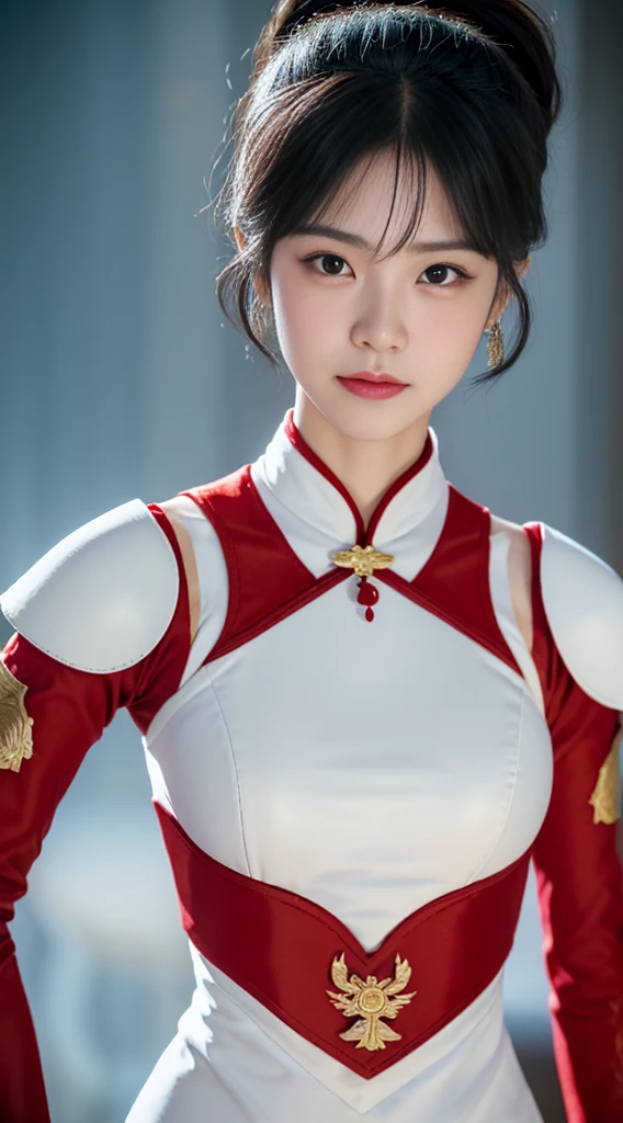 A professional portrait photo，masterpiece，top Quority，A Chinese female knight，18 years old，Black high ponytail short hair、Exquisite baby fat face，The skin is delicate and white，(((( There are knife wounds on the body，Tears and lots of blood))))，Plump and slightly fat，Cocked buttocks，，(( Wearing red Tang Dynasty Mingguang armor))，At Longmen Inn，hacked to death，Piercing the body，8K，art station，疯狂的Surrealism，complex细节，powerful，edge lighting，Diffraction grading，RTX，AI facial depiction，AI texture，Highly realistic photos，high definition，Uncensored，Super Analysis，Surrealism，concept art，grace，Highly detailed，complex，clear focus，Suitable depth of field，f/1.8，85mm，medium shot，medium shot拍摄，(((Professionally graded))),Bright, soft scattered light，(volumetric fog)，(( Delicate facial depiction))，