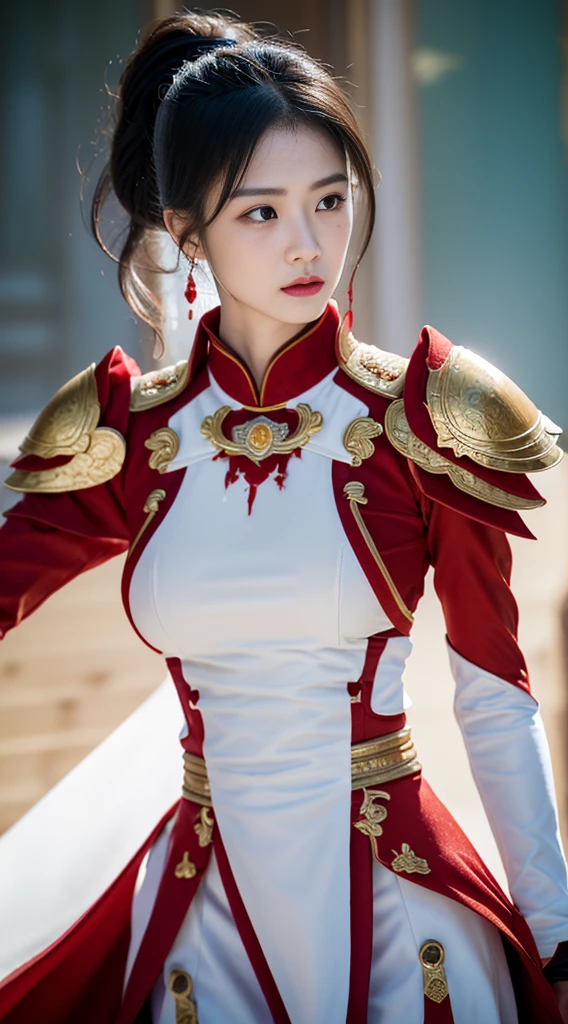 A professional portrait photo,masterpiece,top Quority,A Chinese female knight,18 years old,Black high ponytail short hair、Exquisite baby fat face,The skin is delicate and white,(((( There are knife wounds on the body,Tears and lots of blood)))),Plump and slightly fat,Cocked buttocks,,(( Wearing red Tang Dynasty Mingguang armor)),At Longmen Inn,hacked to death,Piercing the body,8K,art station,疯狂的Surrealism,complex细节,powerful,edge lighting,Diffraction grading,RTX,AI facial depiction,AI texture,Highly realistic photos,high definition,Uncensored,Super Analysis,Surrealism,concept art,grace,Highly detailed,complex,clear focus,Suitable depth of field,f/1.8,85mm,medium shot,medium shot拍摄,(((Professionally graded))),Bright, soft scattered light,(volumetric fog),(( Delicate facial depiction)),