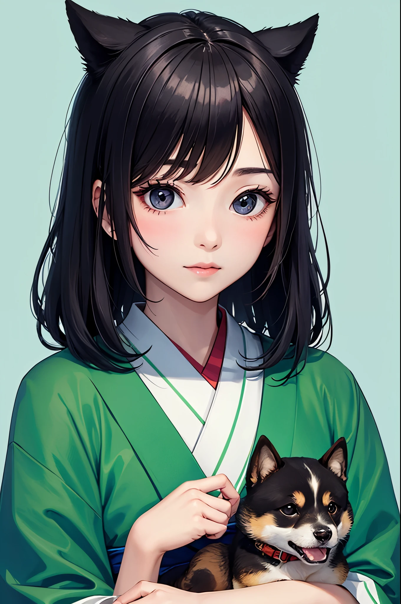 Girl holding a Shiba Inu(puppy、black、round eyes、kimono) With background(Green and blue)