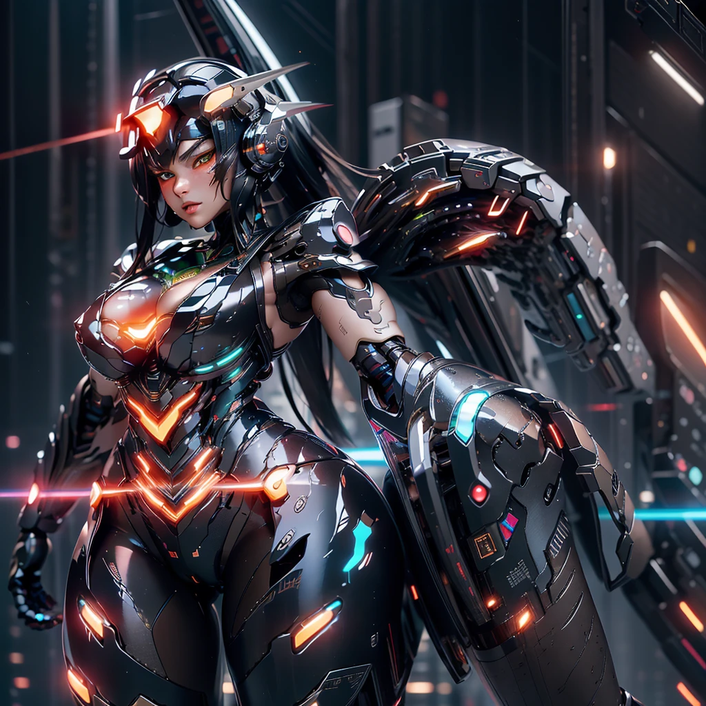 Illustrate a detailed and stunning portrait of a girl, long black hair, heterochromia eyes , (Meccha girl, ultra detailed, neon cyber suit), in a dynamic pose ,open cleavage, full body