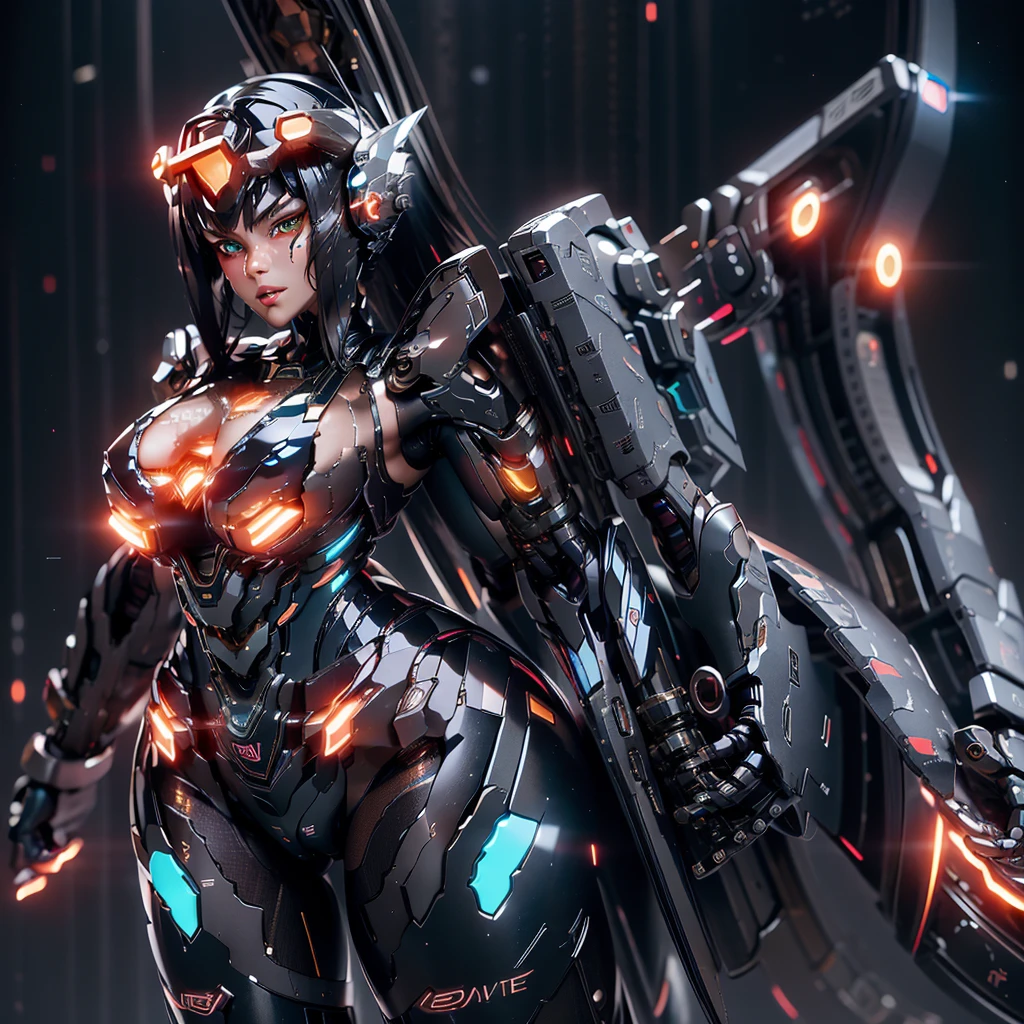 Illustrate a detailed and stunning portrait of a girl, long black hair, heterochromia eyes , (Meccha girl, ultra detailed, neon cyber suit), in a dynamic pose ,open cleavage, full body