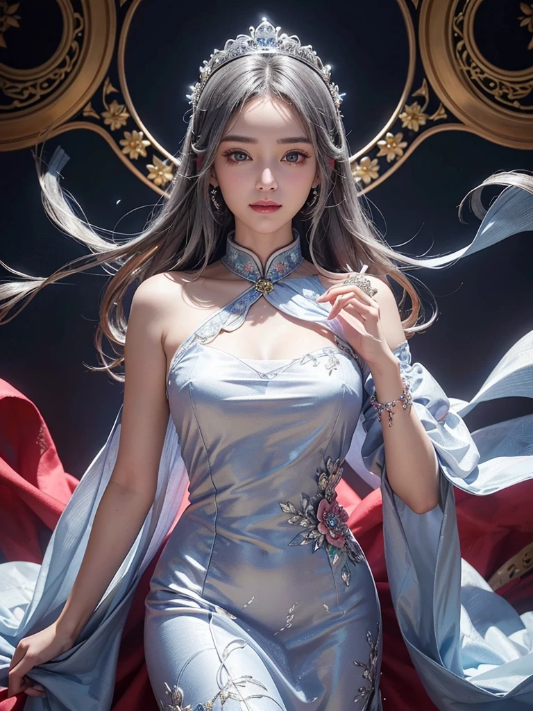 intricate detail, masterpiece, best quality, extremly detailed,cinematic lighting, beautiful detailed glow, finely detailed beautiful face and eyes, smile , long smooth shiny silky silver hair, Realistic lighting, pretty face , Body perfect anatomy,Top Quality, 12K Resolution, top resolution, full body , High quality, realistic , Cinematic, Aesthetic, beautiful girl , cheongsam dress , symmetrical face , flower background, wearing a bejewelled tiara , long colorful silk dress 