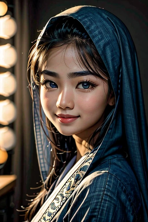 Close-up portrait photo of the face of a Hazara girl from Afghanistan with eyebrows like Japanese girls and eyes like South Asian women with beautiful makeup. This girl has blue eyes and a smile on her face, and her clothes look like European models. The background of this photo is white. This photo was taken with a Sony camera with a 70 x 200 lens and F/1.4. This photo was taken in a professional studio with Profoto lights and cinema lighting