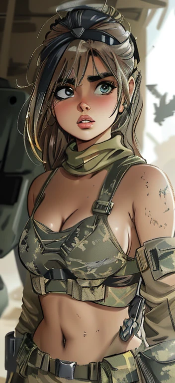 um close de uma mulher com uma roupa camuflada e uma arma, bikini + equipamento militar esfarrapado, garota soldado, garota militar, muffler with solid metal gear v, linda mulher soldado, muffler with solid metal gear, mechanized garota soldado, garota de infantaria, In a post-apocalyptic setting, eve ventrue, pronto para o combate, vestindo uniforme de soldado sujo