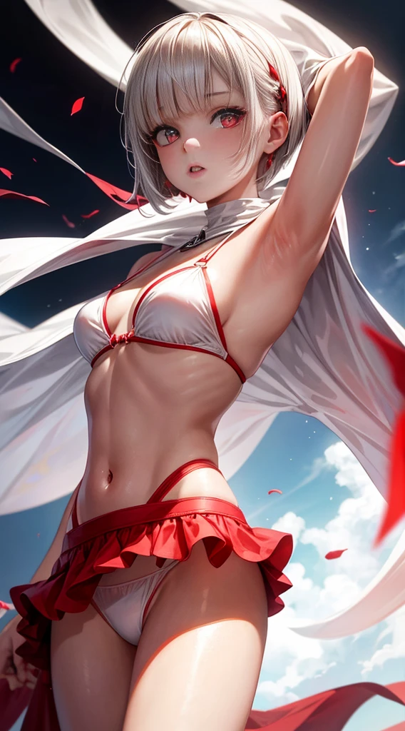 Absolutely beautiful,Buzz cut,extreme beautiful,girl,red pupils,White cape,bikini,Transparent underwear,