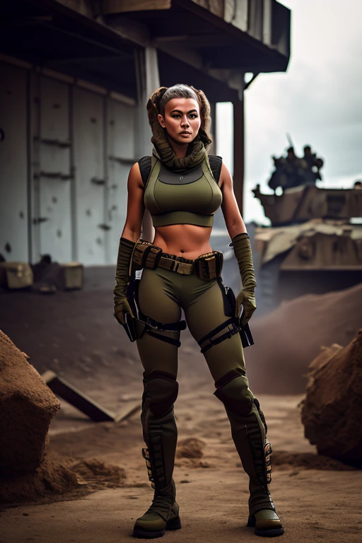 um close de uma mulher com uma roupa camuflada e uma arma, bikini + equipamento militar esfarrapado, garota soldado, garota militar, muffler with solid metal gear v, linda mulher soldado, muffler with solid metal gear, mechanized garota soldado, garota de infantaria, In a post-apocalyptic setting, eve ventrue, pronto para o combate, vestindo uniforme de soldado sujo