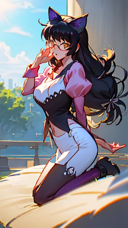 Tsubasa Hanekawa dressed as RWBY&#39;break、、Glasses、black hairの、big breasts、 (black hair, brown eyes, round face), big breasts, With ribbon, [full body shot]、wearing a black dog collar,full body shot、Glasses、head to toe shot、Compete for big breasts in the bright sunlight、I compressed my chest with a rope.、woman in chains、((masterpiece)), ((highest quality)), (Super detailed), ((cute)), cute, (Lovely), ((very detailed)), 4K, (8K), highest quality, (beautiful), anime style、pink nipples、