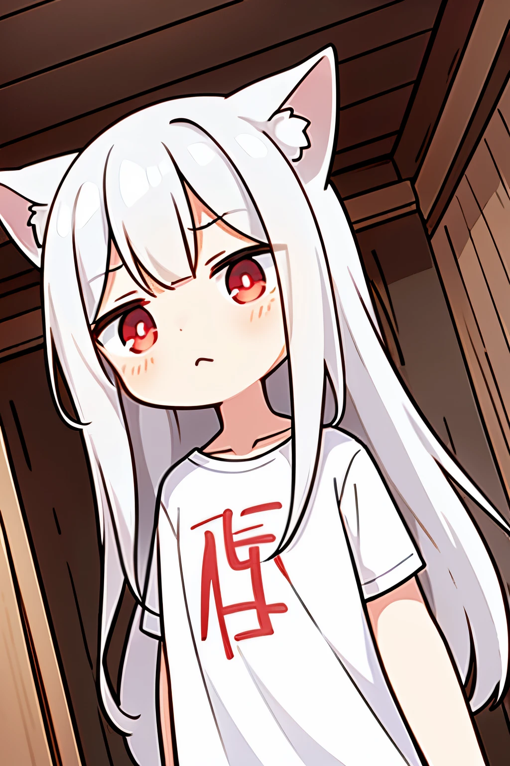 8k, super detail, ccurate, best quality,White T-shirt, soft , natural , Specific , 아주아주 Specific ,steel bone, Wooden ,neck ,masterpiece, movie lights, best quality, illustration, dramatic angle,1 woman,Young woman with white hair and pointed ears , skinny hipster, blood red eyes, smooth jawline, wearing only a white shirt, (Pale skin tone) hair is long, i grew up a little, ominous expression, Forest hut background ,hair is long enough to reach down to the thighs., Composition looking up from below, Stand up straight and look ahead, He is not wearing any clothes other than a white T-shirt and has long hair., 머리가 잘 hand질되어 있다, hair is straight, red eyes ,looking straight ahead , young face,wearing only a white shirt,Clothes and hair are not red,skin white,The body is perfectly balanced,The whole body comes out,white shirt,have straight hair,small breasts,red doesn't work at all,hand,big white shirt,No Jiangxing District,Cute face,waking up,The background is a cabin.,No red in the background at all,no red plants,white hair,No money on t-shirt,No animal ears