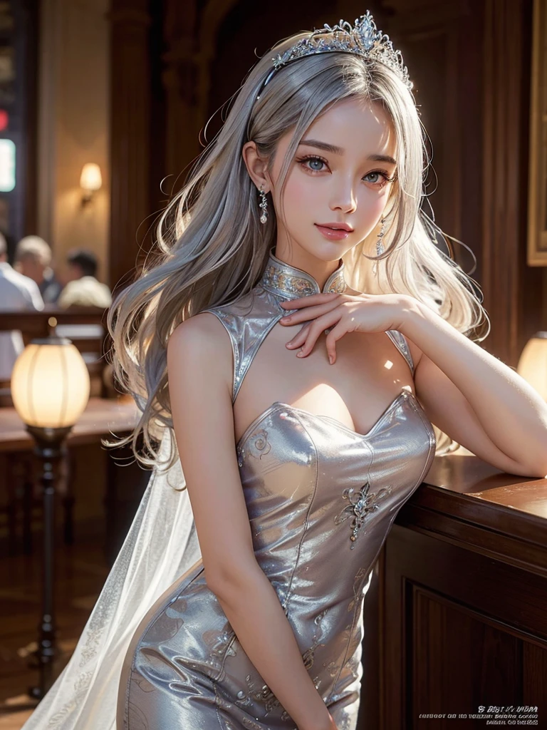 intricate detail, masterpiece, best quality, extremly detailed,cinematic lighting, beautiful detailed glow, finely detailed beautiful face and eyes, smile , long smooth shiny silky silver hair, Realistic lighting, pretty face , Body perfect anatomy,Top Quality, Top resolution, full body , High quality, realistic , Cinematic, Aesthetic, beautiful girl , cheongsam dress , symmetrical face , busy restaurant background, wearing a bejewelled tiara ,