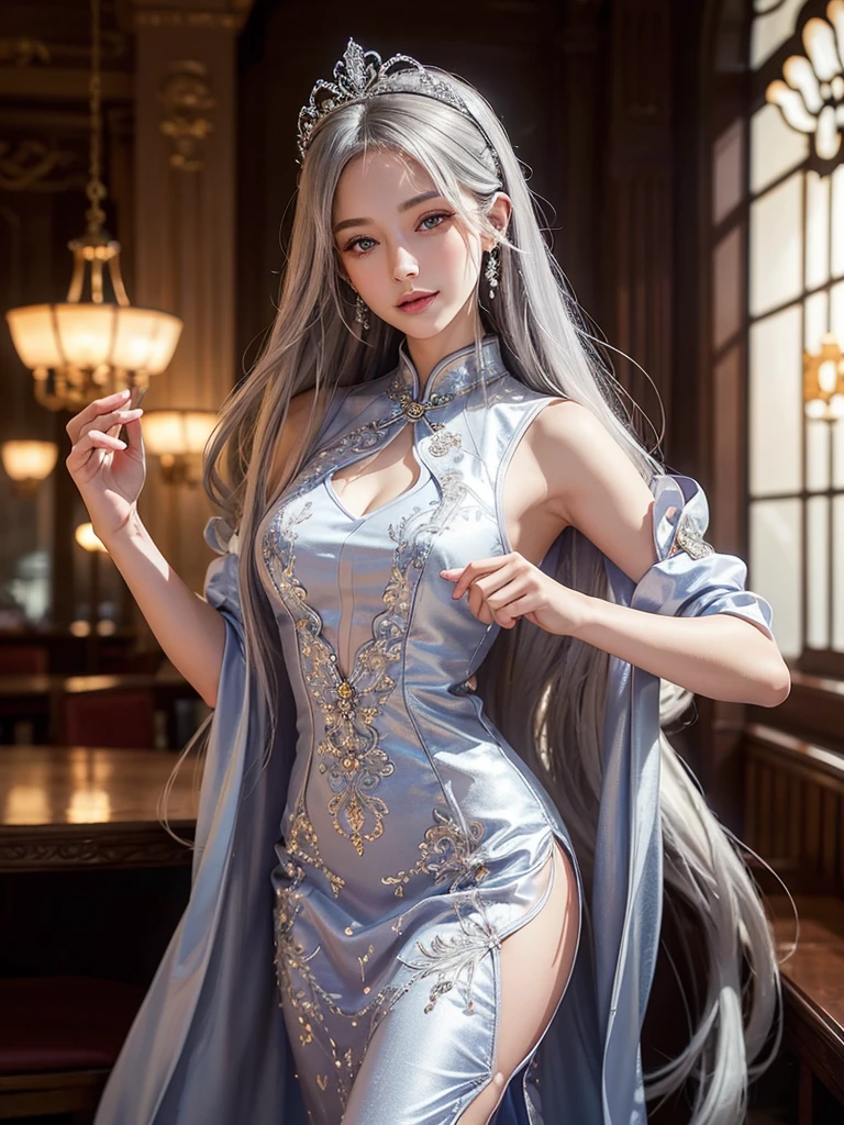 intricate detail, masterpiece, best quality, extremly detailed,cinematic lighting, beautiful detailed glow, finely detailed beautiful face and eyes, smile , long smooth shiny silky silver hair, Realistic lighting, pretty face , Body perfect anatomy,Top Quality, Top resolution, full body , High quality, realistic , Cinematic, Aesthetic, beautiful girl , cheongsam dress , symmetrical face , busy restaurant background, wearing a bejewelled tiara , 