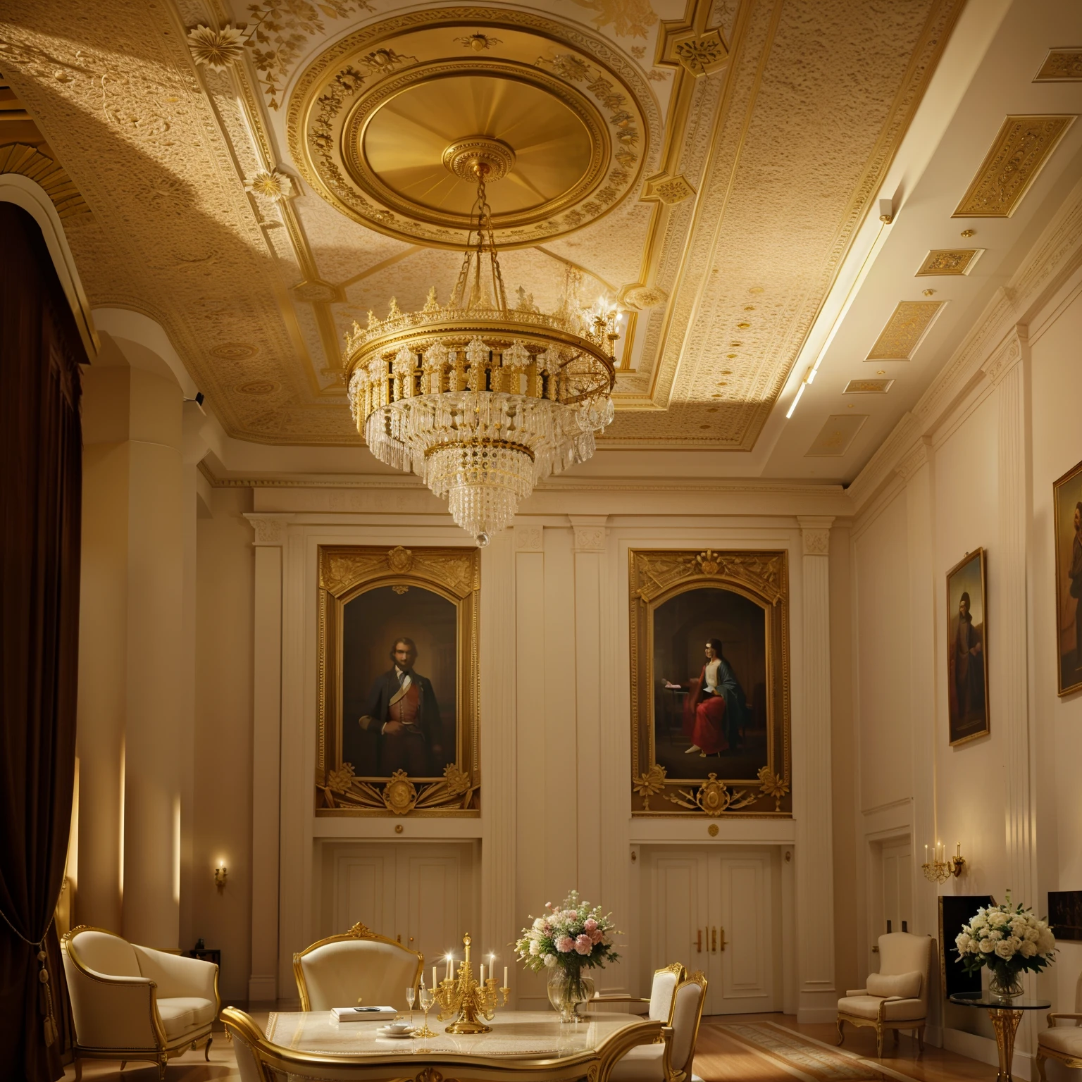 The same interior, add a vase with flowers on the tables, change the floor color, maximize image quality, a room with a chandelier and chairs in it, royal interior, exquisitely designed throne room, royal palace interior, neo-classical style, high ceiling, palatial scene, royally decorated, throne room, tall ceiling, neoclassical style, interior decoration, an interior of the room, very tall ceilings, high ceilings, precise architectural rendering, tall ceilings