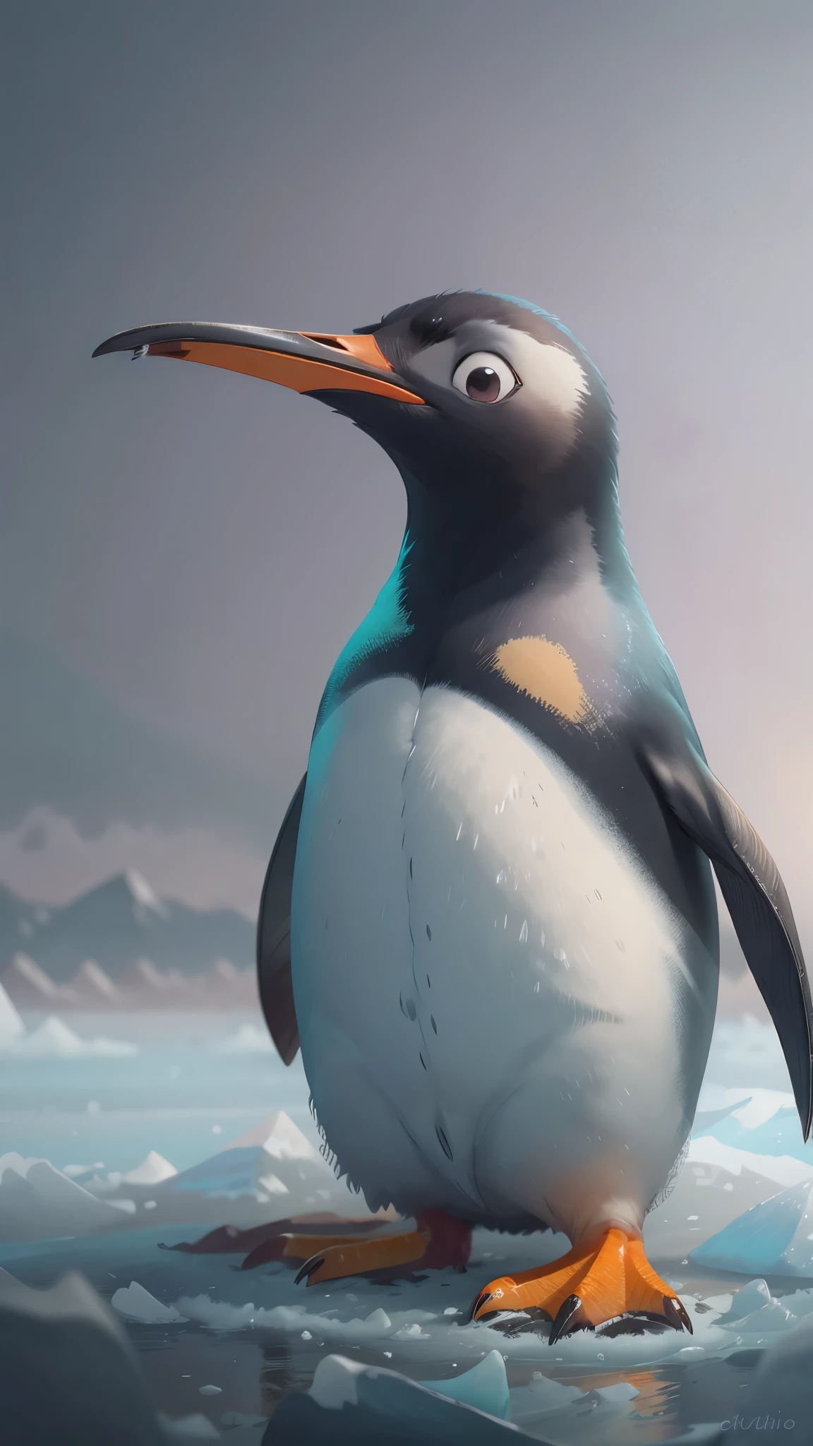 Antarctic ice sheet,可爱的emperorpenguin在雪地上玩耍,front view,close up, Pixar style, best quality, stills, very cute, big eyes, ,long eyebrows,orange beak, long pointed beak,correct anatomy,correct penguin,Very happy,emperorpenguin,high details, high quality, masterpiece, ccurate, super detail,