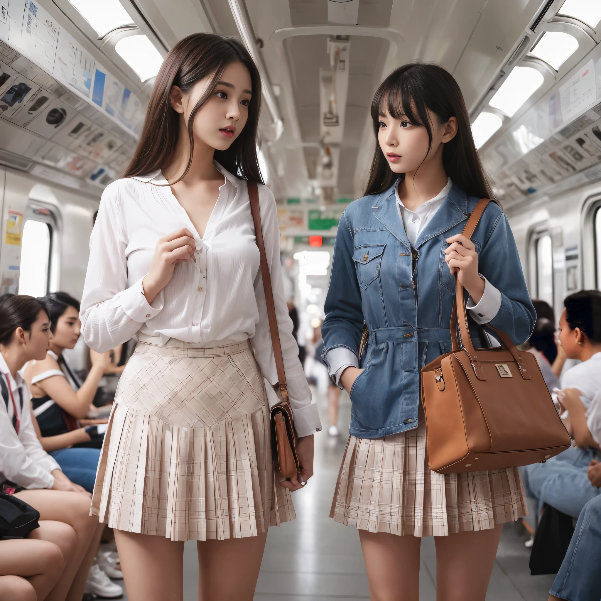 (RAW photo:1.2), (realistic), beautiful detailed girl, very detailed eyes and face, beautiful and detailed eyes, huge file size, High resolution, very detailed, highest quality, [table top:1.6], shape, very detailed, small details, highest quality, 8k wallpaper, movie lighting,2  female students, Standing on the train, talk to each other, Carry the bag over your shoulder,  bright look, Torn school uniform,  My clothes are torn and my underwear is visible., Clothes are torn and a white bra is visible, Her skirt is torn and her white panties are visible., long hair fluttering in the wind, slim, Childish face, small breasts