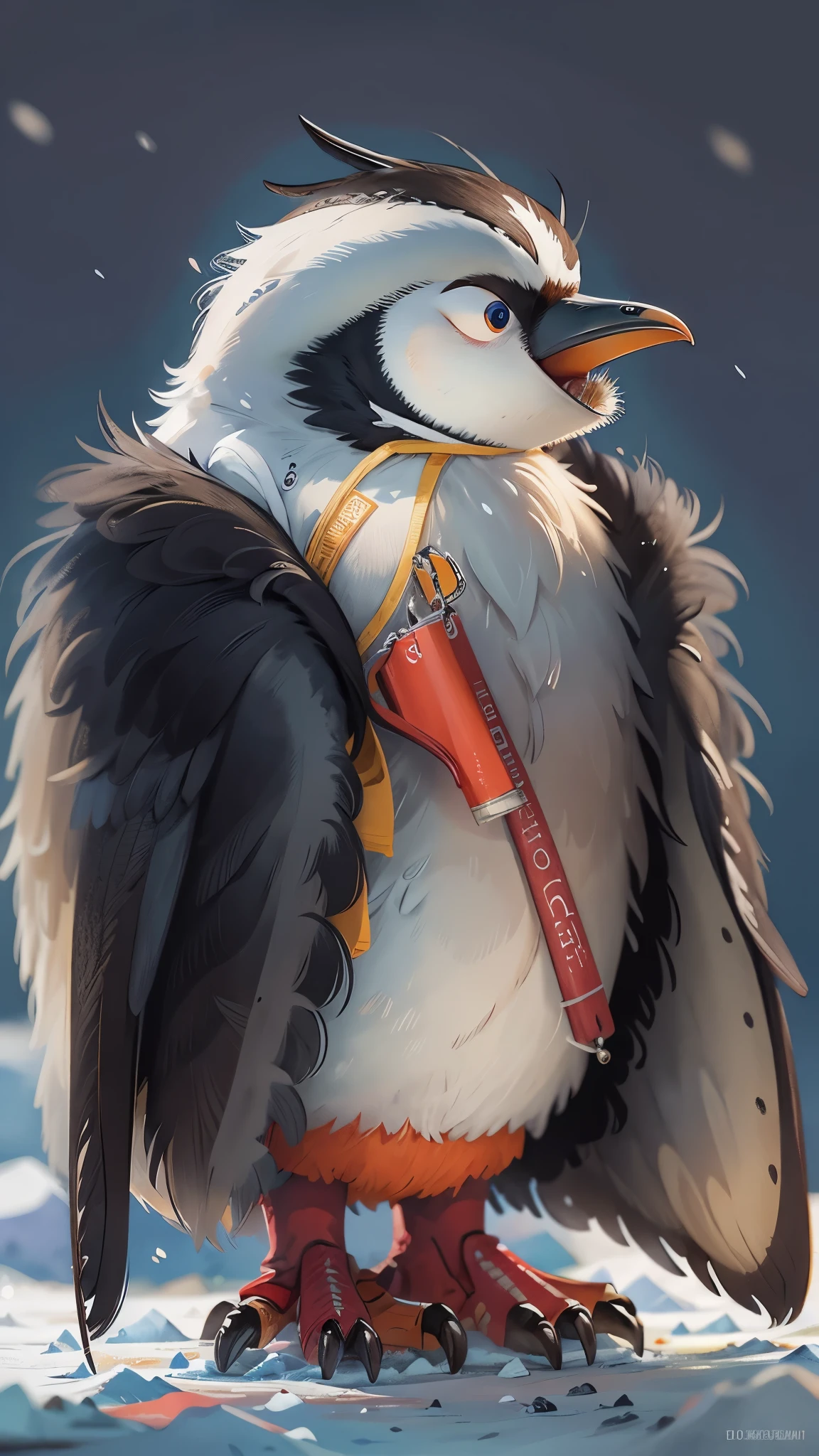 Antarctic ice sheet,可爱的emperorpenguin在雪地上玩耍,front view,close up, Pixar style, best quality, stills, very cute, big eyes, ,long eyebrows,orange beak, long pointed beak,correct anatomy,correct penguin,Very happy,emperorpenguin,high details, high quality, masterpiece, ccurate, super detail,