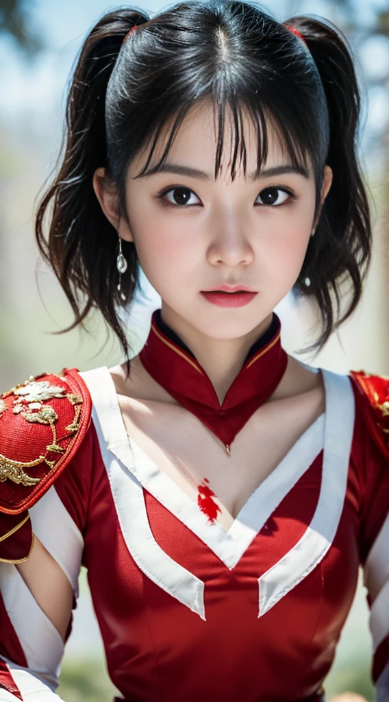 A professional portrait photo，masterpiece，top Quority，A Chinese female knight，18 years old，Black high ponytail short hair、Exquisite  fat face，The skin is delicate and white，(((( There are knife wounds on the body，Tears and lots of blood))))，Plump and slightly fat，Cocked buttocks，，(( Wearing red Middle-earth armor))，At Longmen Inn，8K，art station，疯狂的Surrealism，complex细节，powerful，edge lighting，Diffraction grading，RTX，AI facial depiction，AI texture，Highly realistic photos，high definition，Uncensored，Super Analysis，Surrealism，concept art，grace，Highly detailed，complex，clear focus，Suitable depth of field，f/1.8，85mm，medium shot，medium shot拍摄，(((Professionally graded)))，Bright, soft scattered light，(volumetric fog)，(( Delicate facial depiction))，