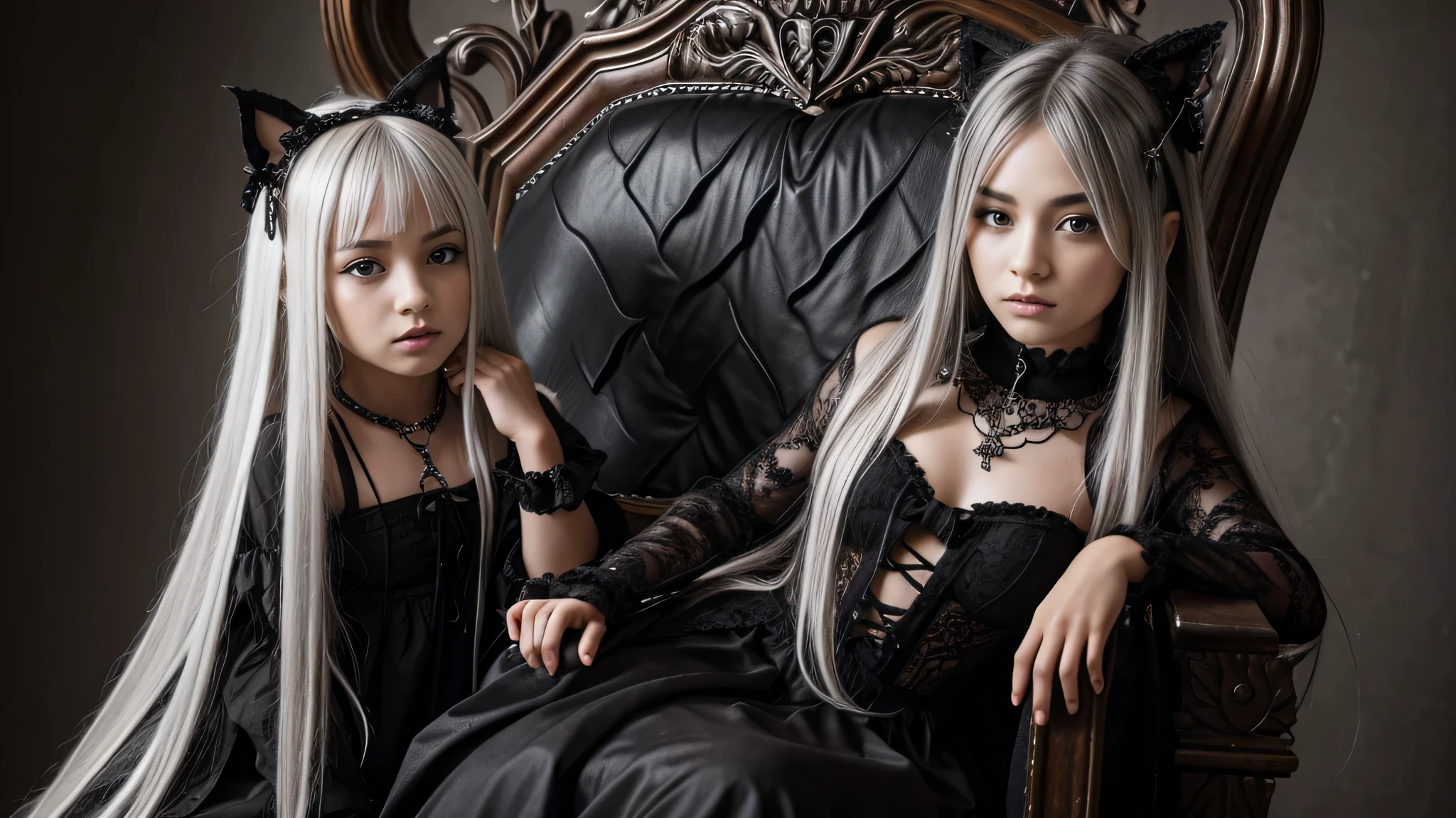 KIDS menina cabelo longo prateado e LOBO., with symbolic gothic net clothing,。um close-up em um trono.